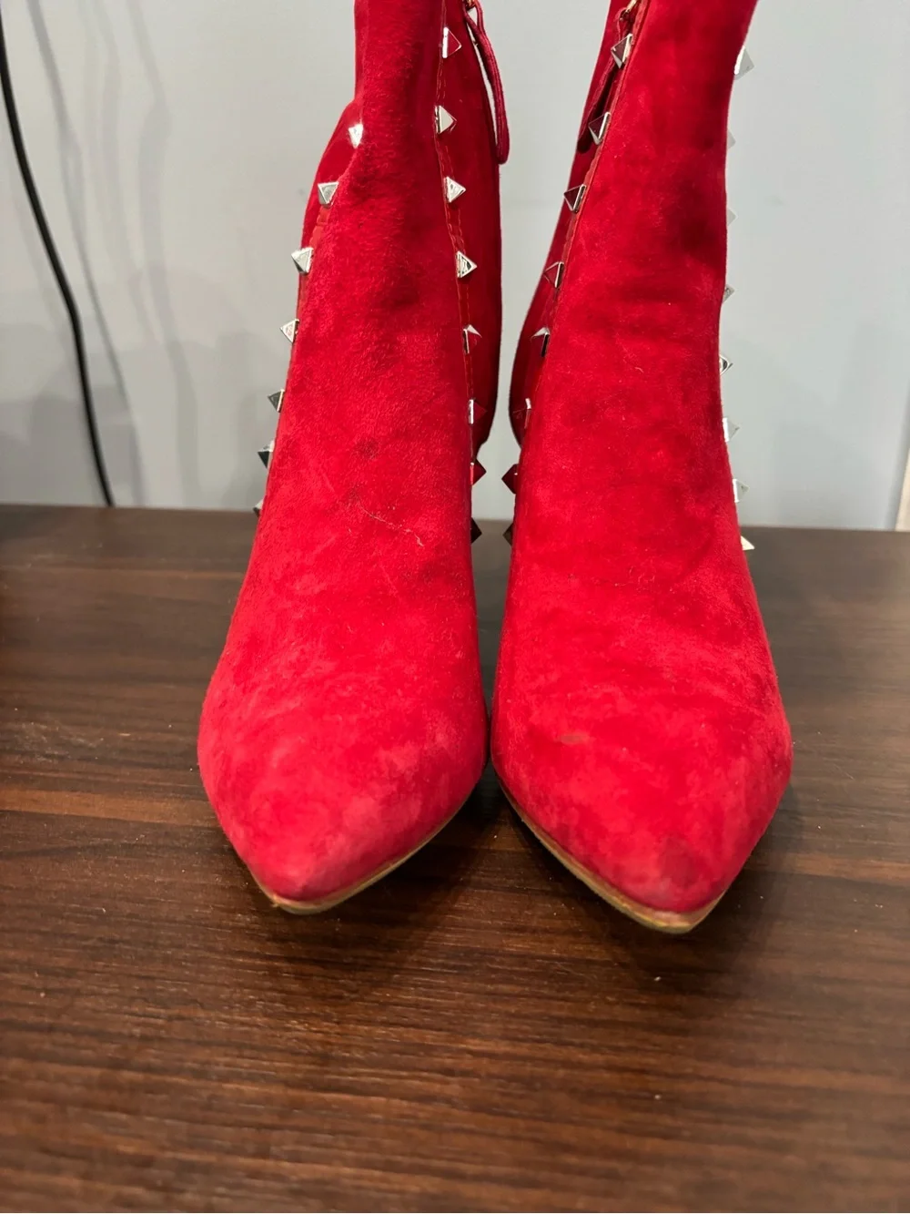 Valentino Garavani Red Suede Pyramid-Stud Ankle Boots